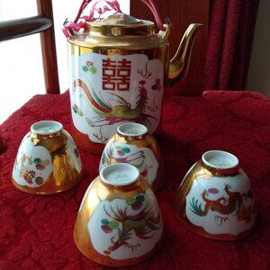 Vintage Chinese porcelain tea pot cups set dragon phoenix double happiness